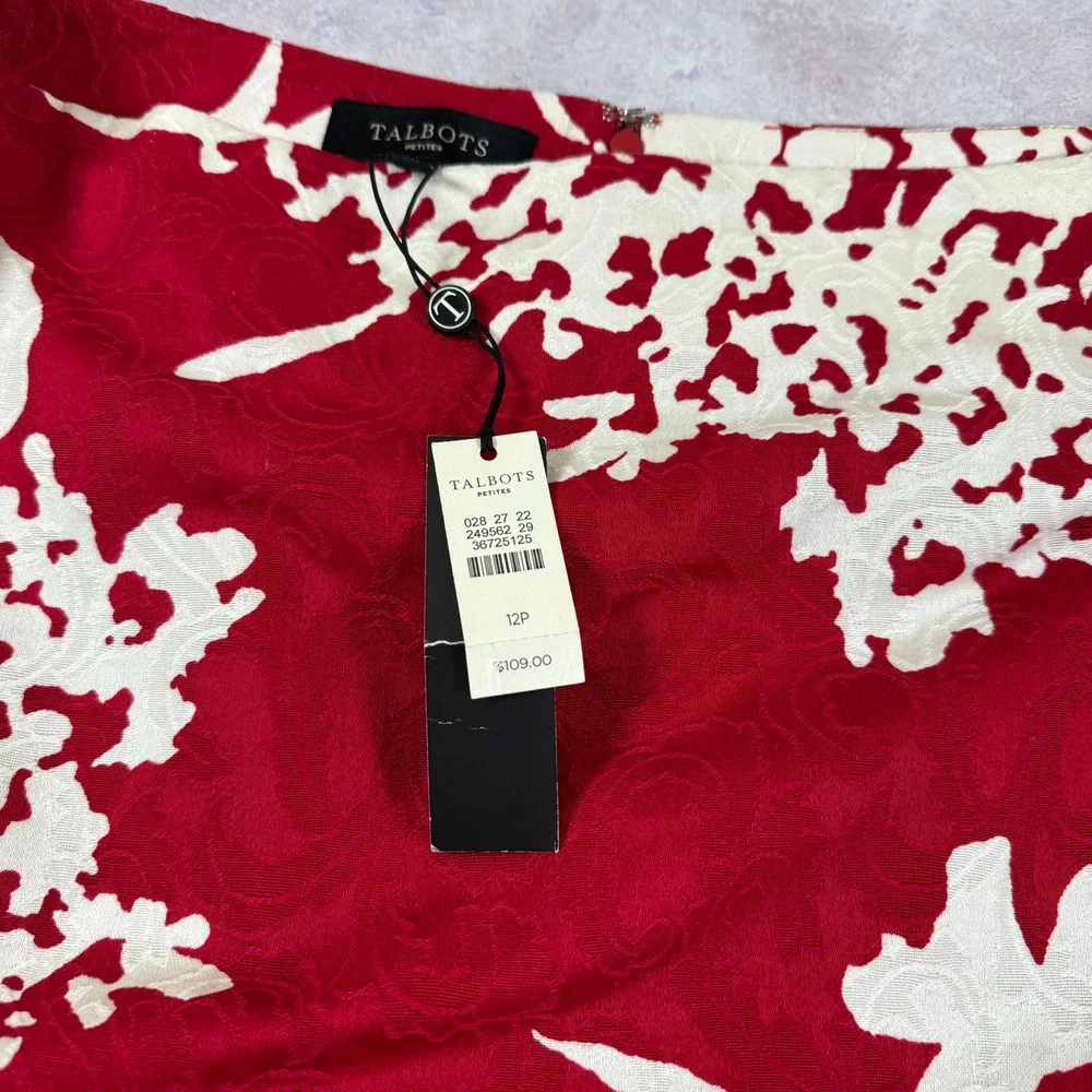 Talbots Skirt Womens 12p PETITE Jacquard Career Knee Length Red White Lined NEW